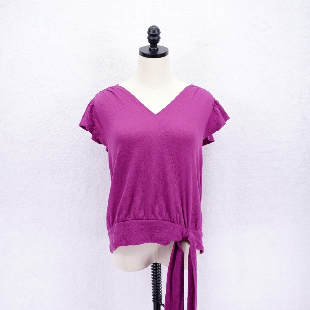 Ann Taylor Loft -SP- Pink V-Neck Tie-Waist Flutter Sleeve Top Blouse Spandex Pol